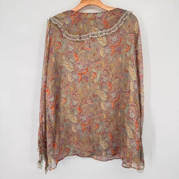 Alain Weiz Womens Floral Silk Blouse lined Lace Trim Ruffle size 20w beige - Picture 11 of 14